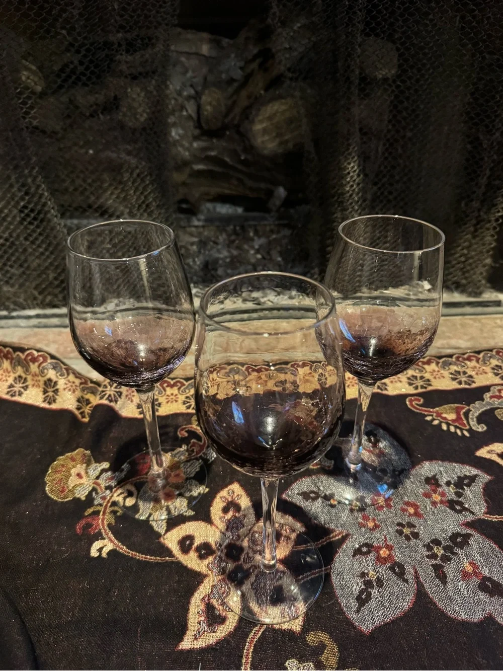 Pier 1 Imports Purple Crackle Wine Glasses Amethyst Hand Blown Clear Stem